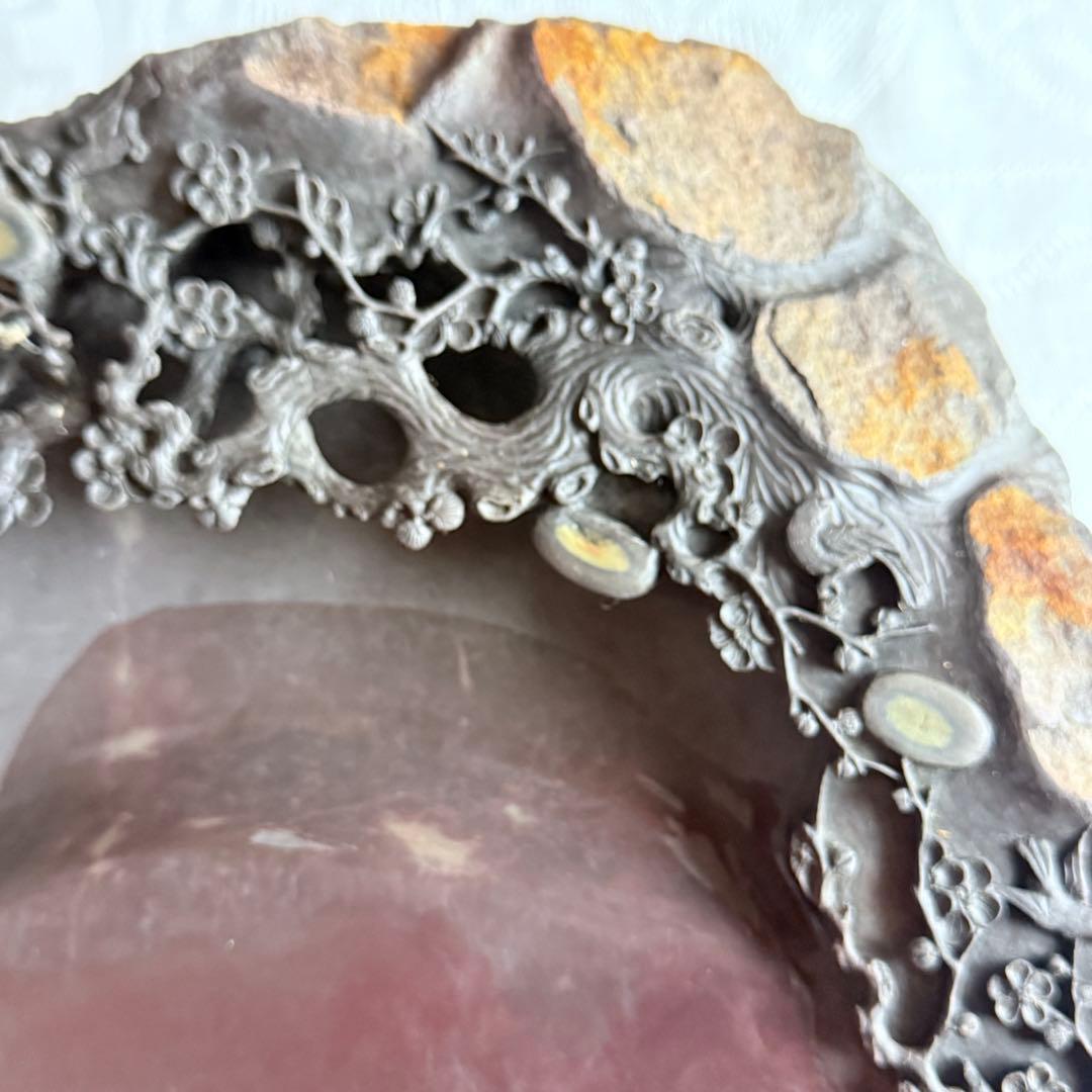 超限定出品18日20時‼️端渓硯大硯　鳥梅陽刻天然眼中國美術唐木台と蓋証明書付①