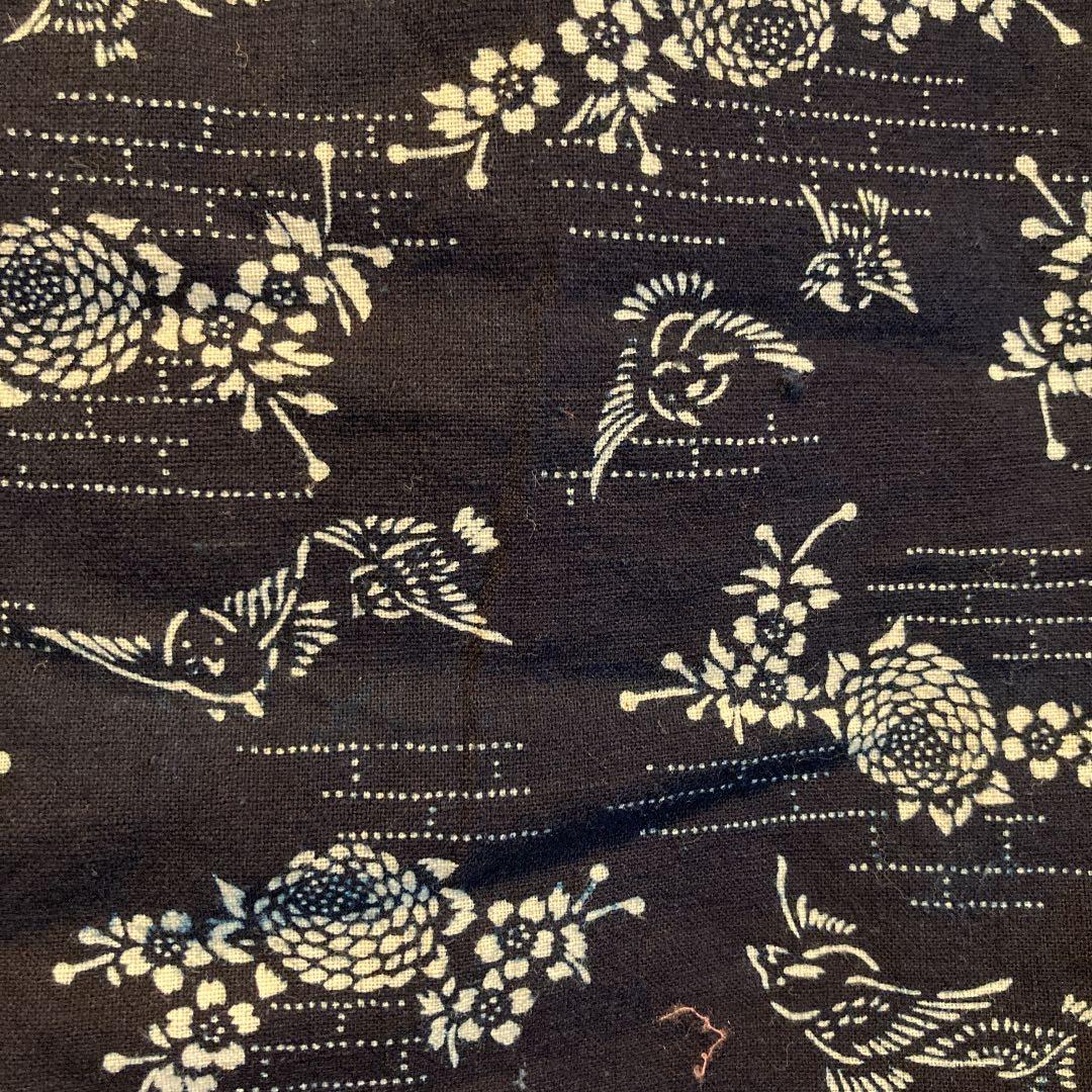 古布　両面染め　型染　藍染　半襦袢　袖無し　雀