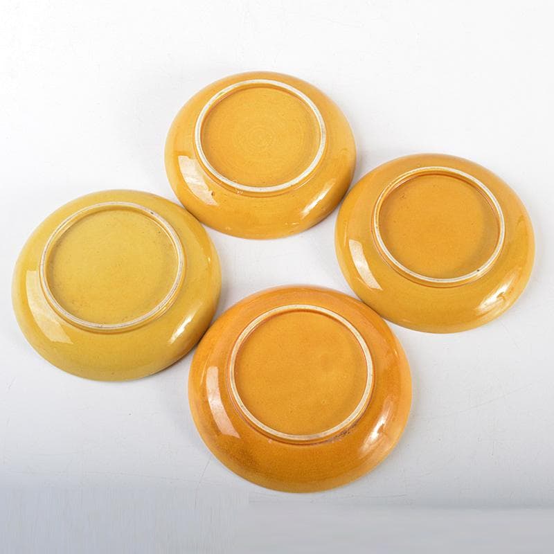 中国　黄交趾　 黄釉　龍文線刻皿　小皿　4客まとめて　D　R6016