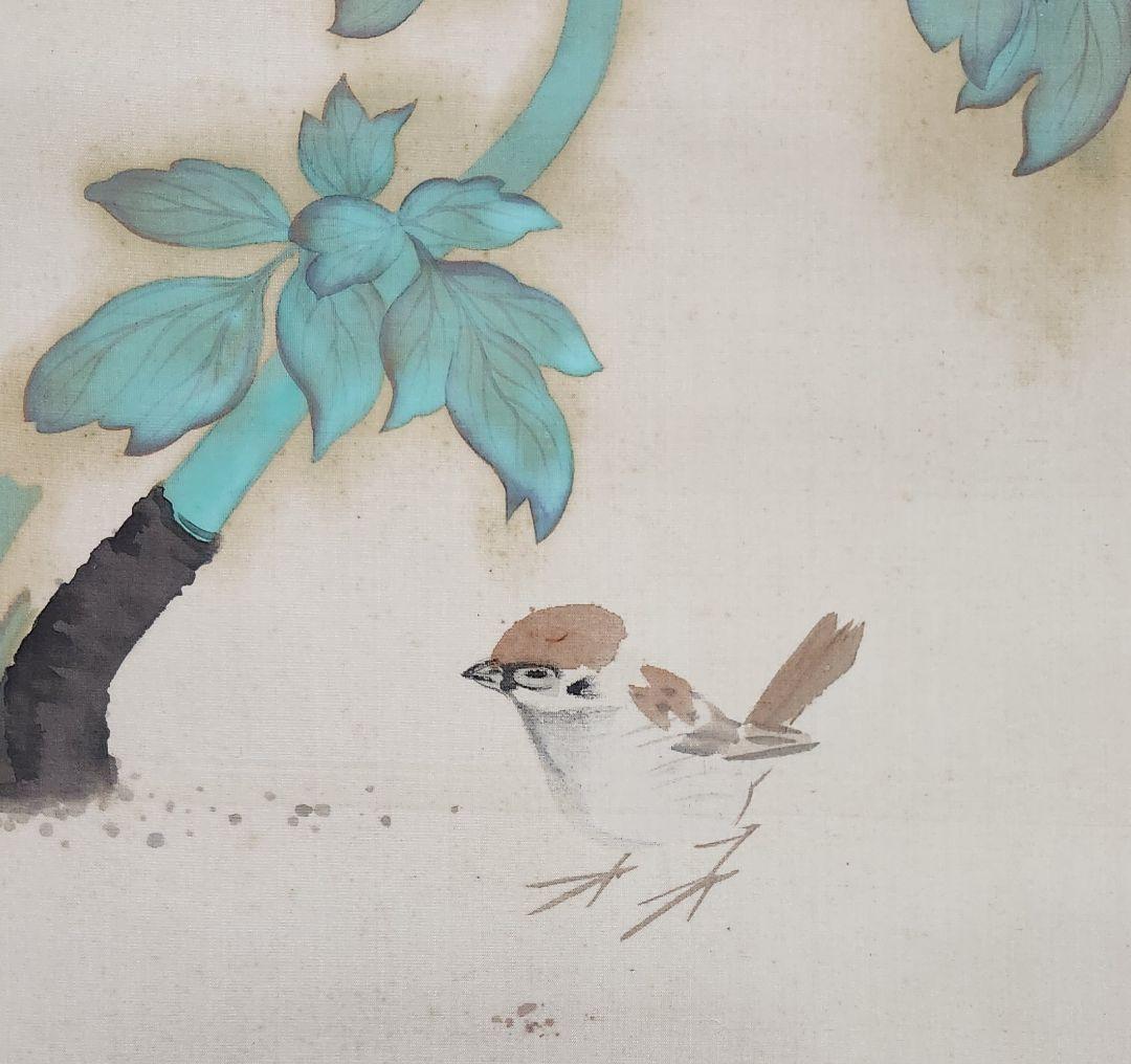 【牡丹に雀図】関龍影 2686 ピンクボタンにスズメ 掛け軸 肉筆