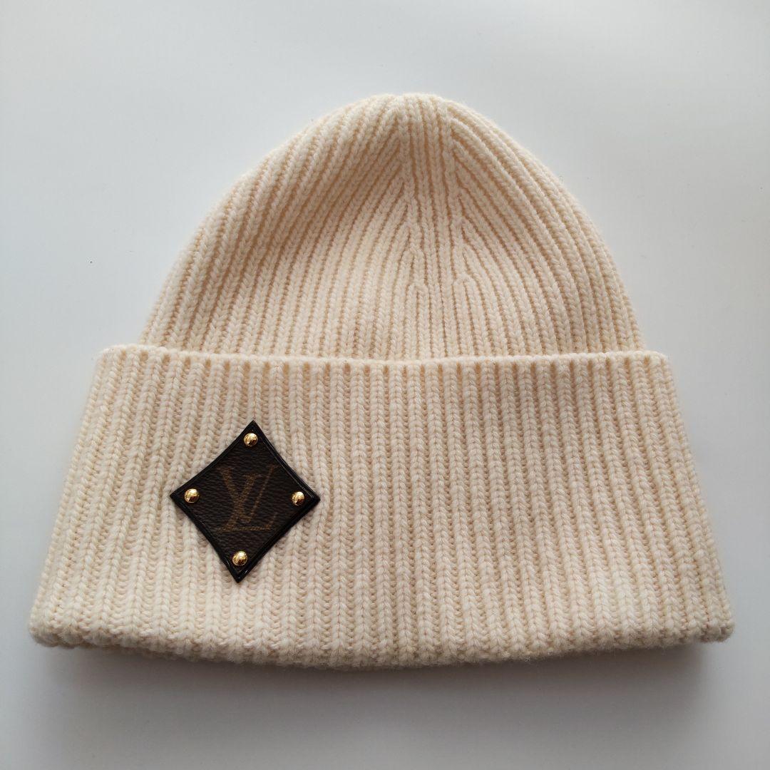 美品 ルイヴィトン 国内正規品 ニットキャップ ビーニー LVロゴ パッチ 白