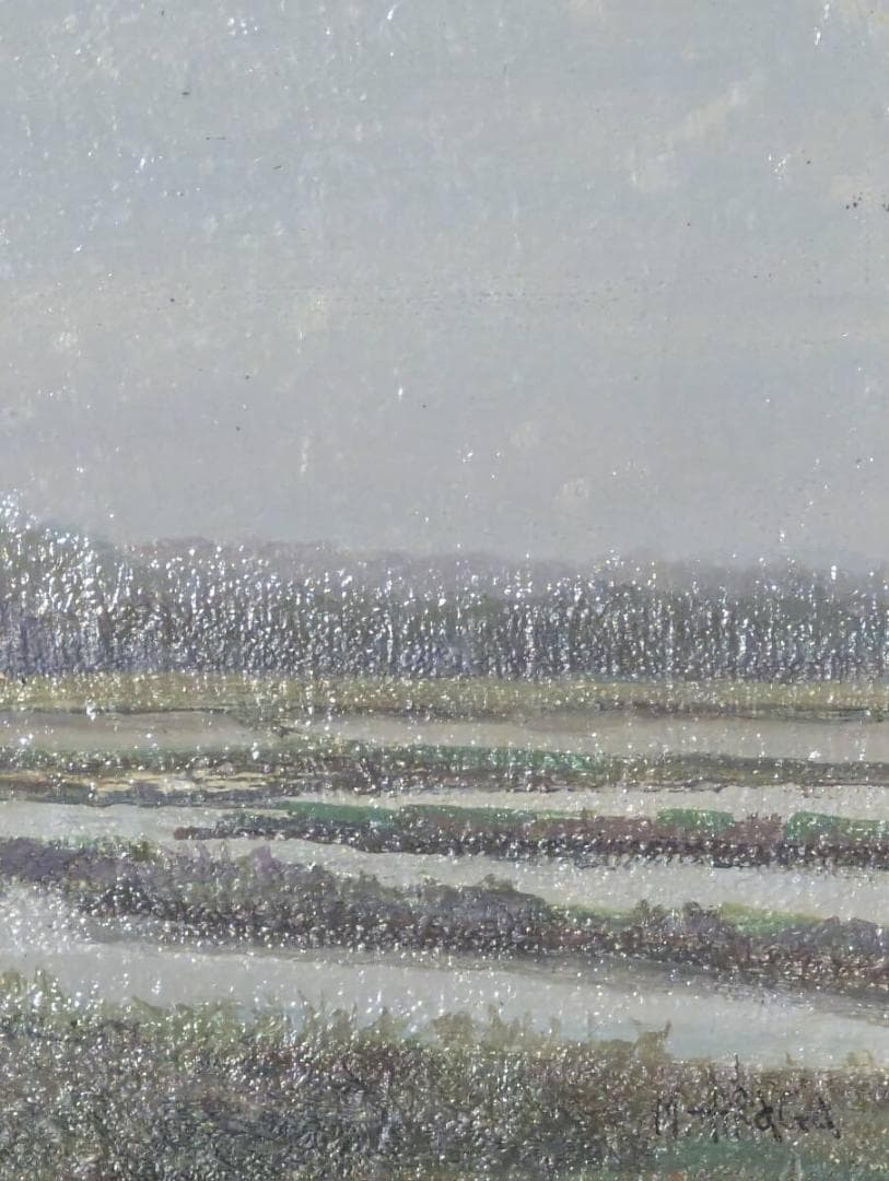 【真作】絵画　平賀正勝　油彩SM　梅雨の頃　静謐な水田風景　自然描写　Y99