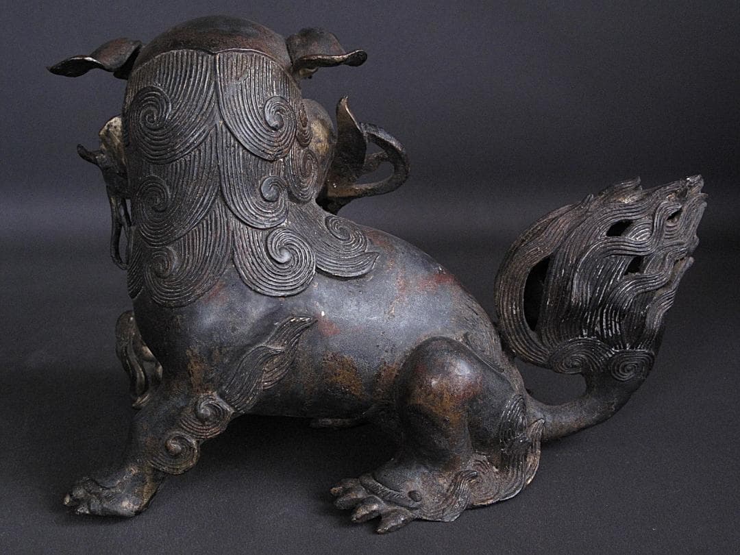 最終値下げ‼️ 金工細工『古銅 親子獅子置物』明治期　高18㎝/ 3.45㎏