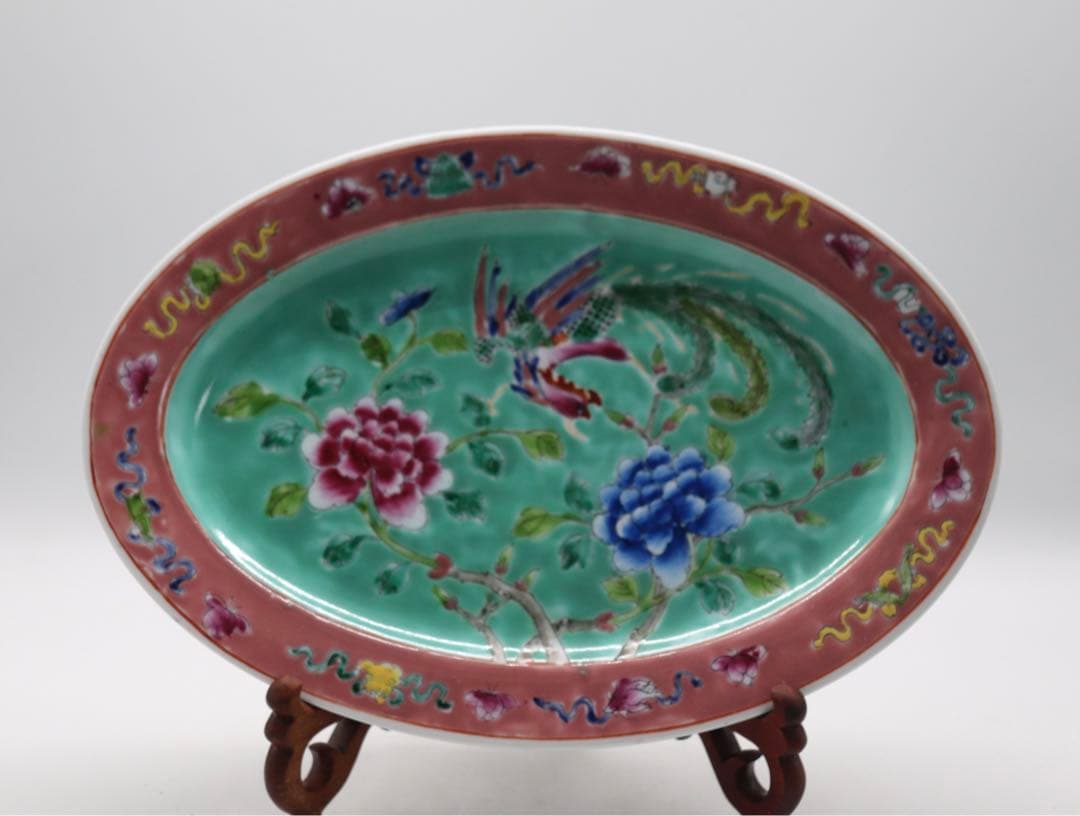 中国　許順昌造　粉彩鳳凰牡丹紋楕円大皿　送料込み1028