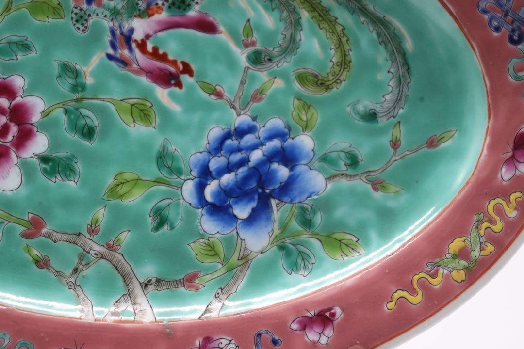 中国　許順昌造　粉彩鳳凰牡丹紋楕円大皿　送料込み1028