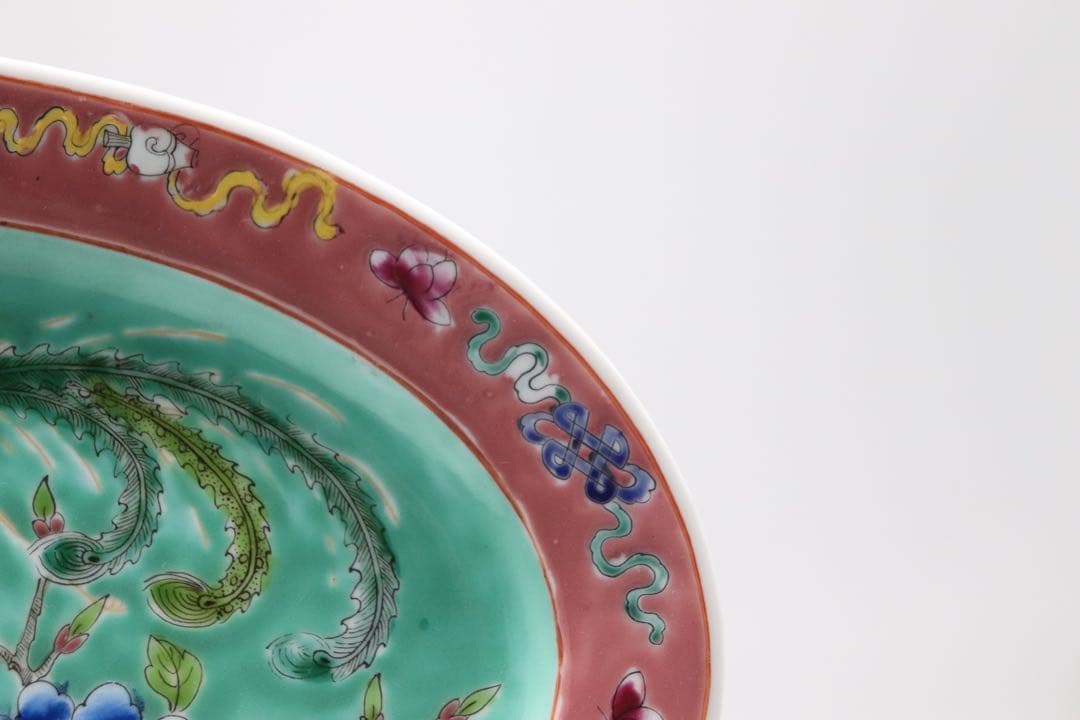 中国　許順昌造　粉彩鳳凰牡丹紋楕円大皿　送料込み1028