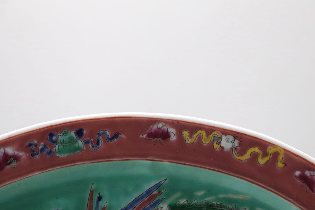 中国　許順昌造　粉彩鳳凰牡丹紋楕円大皿　送料込み1028