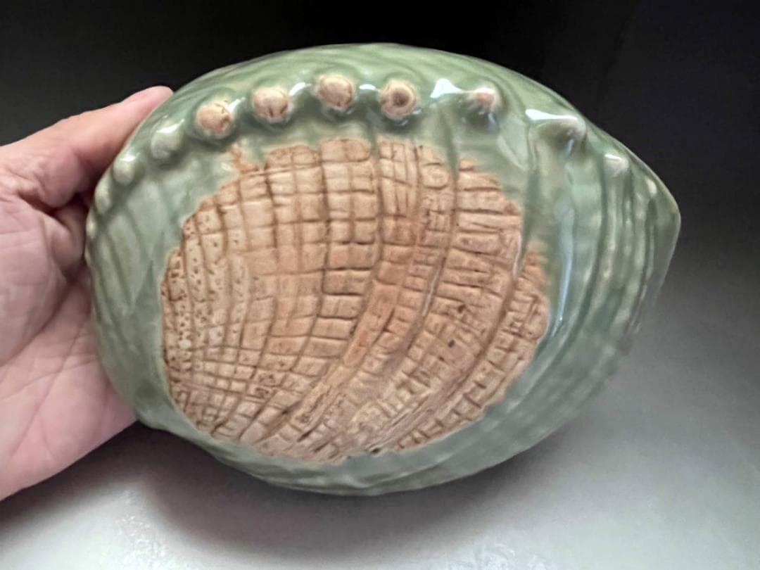 菓子器■古い青磁 鮑型 菓子鉢 飾り鉢 あわび 貝型 時代物 骨董品■