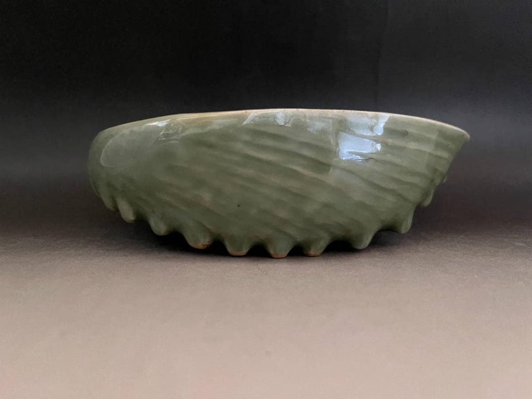 菓子器■古い青磁 鮑型 菓子鉢 飾り鉢 あわび 貝型 時代物 骨董品■