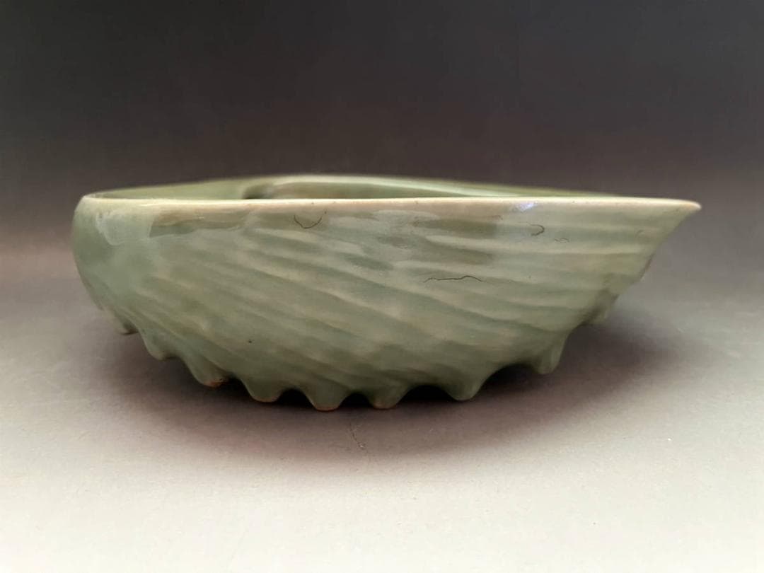 菓子器■古い青磁 鮑型 菓子鉢 飾り鉢 あわび 貝型 時代物 骨董品■