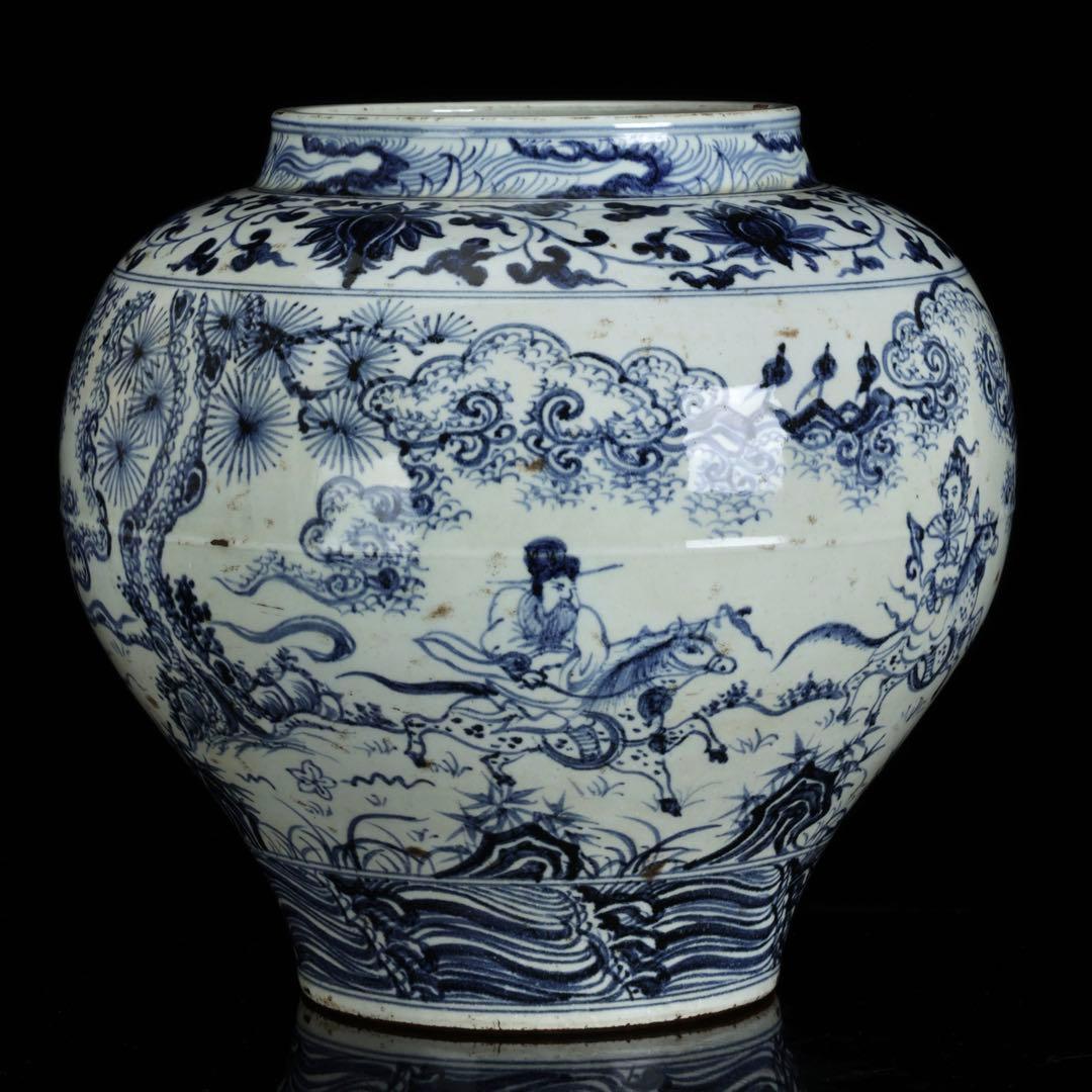 中国古玩 青花 染付 人物騎馬図 大壺30㎝ 飾壺 唐物 時代物 古美術 骨董品