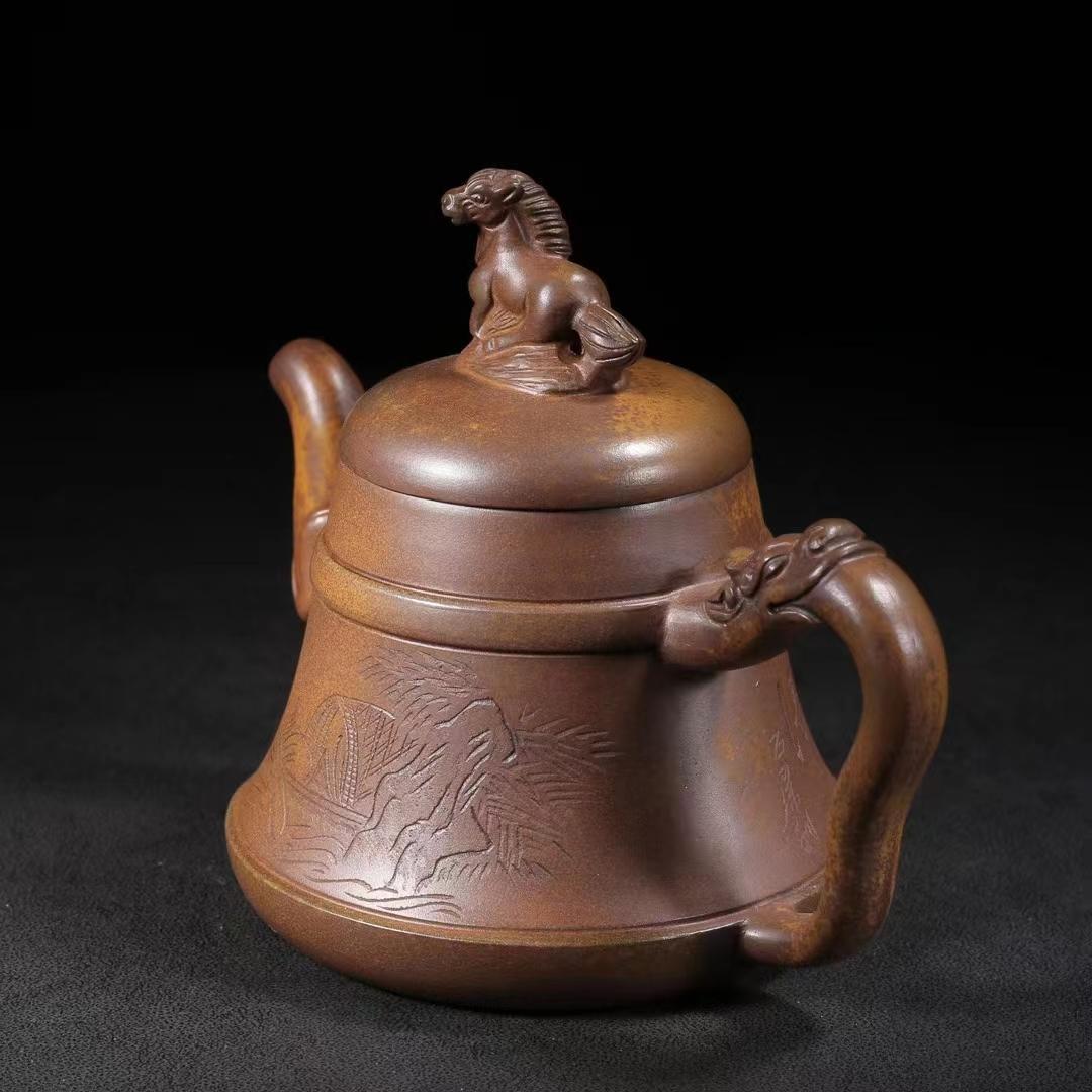 中国古美術・宜興原鉱底槽清泥紫砂壺 龍馬精神・紫砂壺・底款:朱可心紋・朱泥・急須