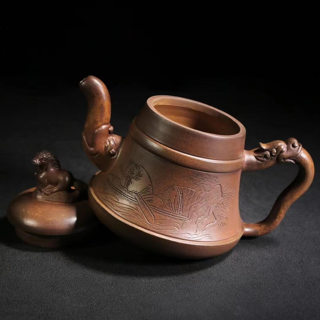 中国古美術・宜興原鉱底槽清泥紫砂壺 龍馬精神・紫砂壺・底款:朱可心紋・朱泥・急須