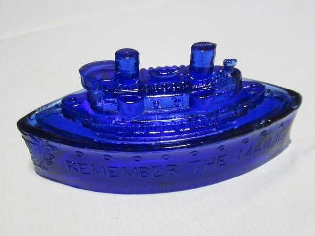 極希少（青色）美品 大正時代◆アメリカ海軍 戦艦 メイン号 ガラス 小物入れ