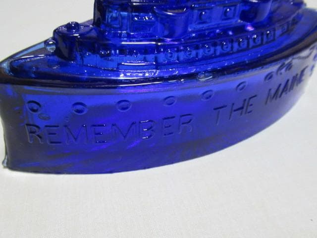 極希少（青色）美品 大正時代◆アメリカ海軍 戦艦 メイン号 ガラス 小物入れ