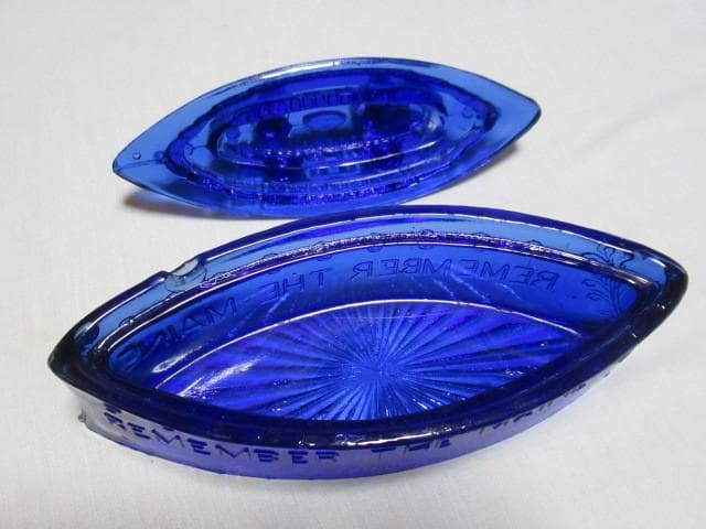 極希少（青色）美品 大正時代◆アメリカ海軍 戦艦 メイン号 ガラス 小物入れ