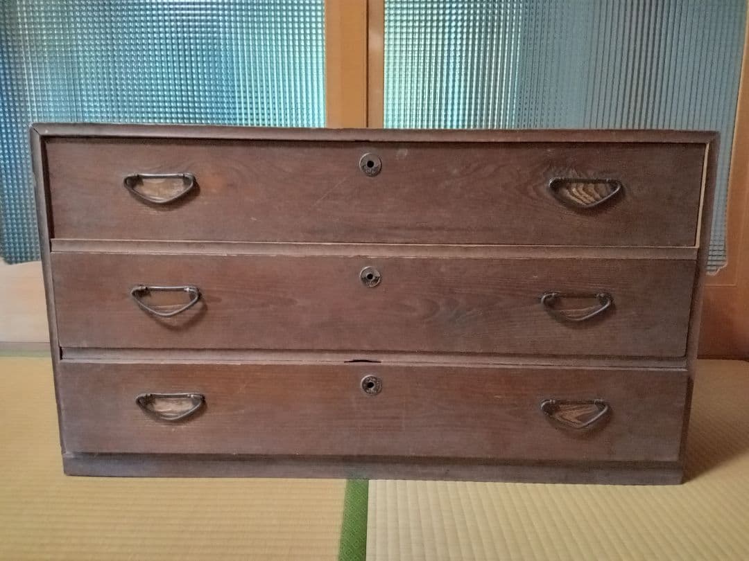 昭和レトロ　当時物　木製タンス 3段 引き出し付き　ヴィンテージ