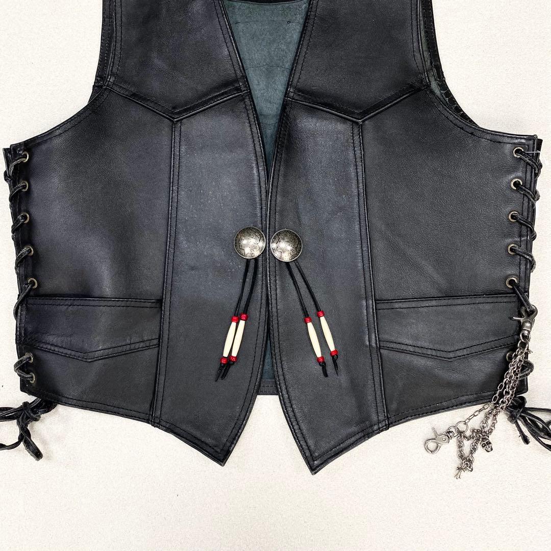 極美品✨ HEAVY レザー バイカー ベスト 42 コンチョ ブラック
