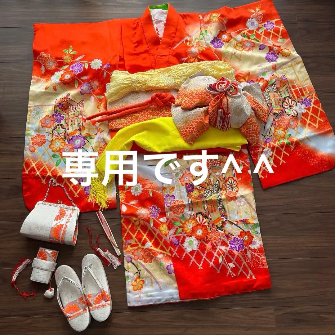 M　アンティーク　七五三　7歳　フルセット　オレンジ　朱色