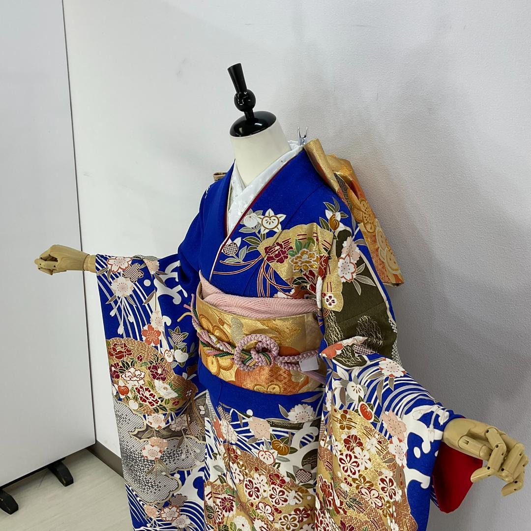 イナコ　お振袖フルセット　7点セット　青　雲取波に檜扇　正絹　美品