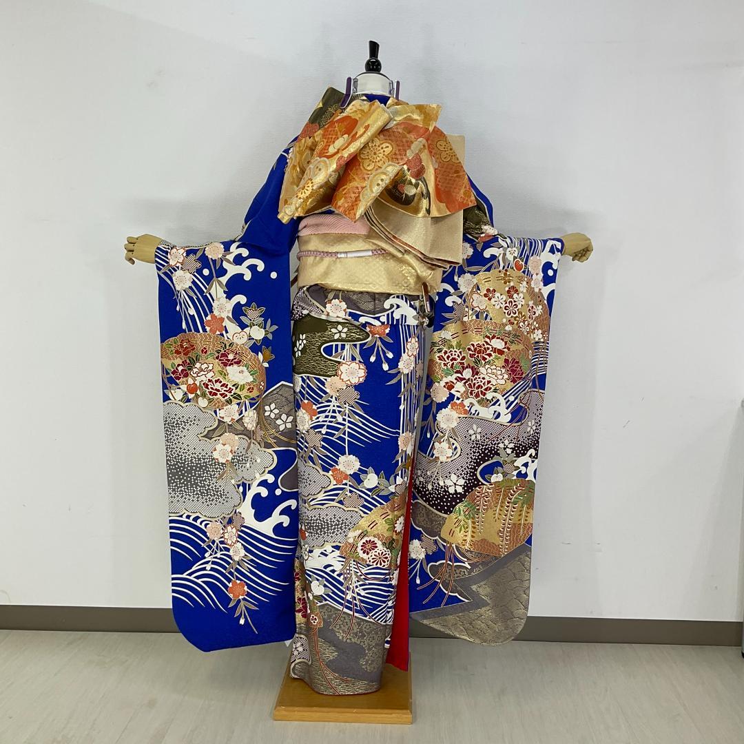 イナコ　お振袖フルセット　7点セット　青　雲取波に檜扇　正絹　美品