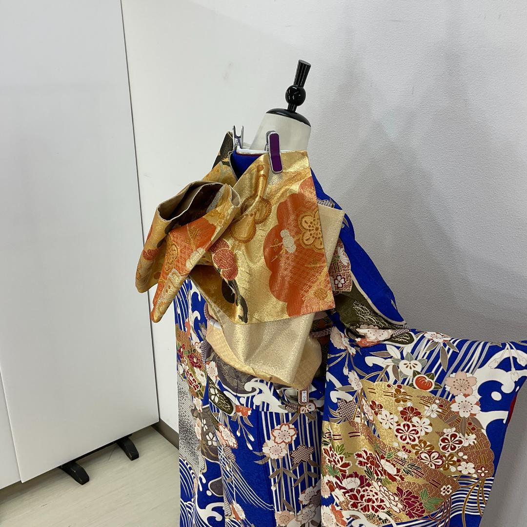 イナコ　お振袖フルセット　7点セット　青　雲取波に檜扇　正絹　美品