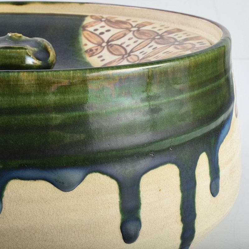 茶道具　人間国宝　荒川豊蔵作　青織部　平水指　方谷浩明極め箱　D　R9278B