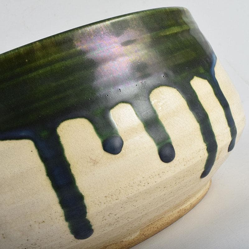 茶道具　人間国宝　荒川豊蔵作　青織部　平水指　方谷浩明極め箱　D　R9278B