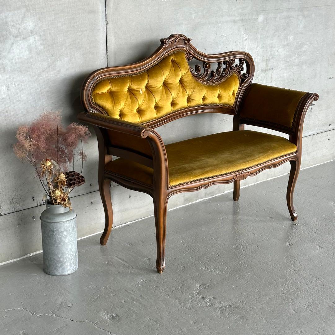 ✦80s✦ アンティークソファ カウチ ベルベット ゴールド 彫刻 ヴィンテージ