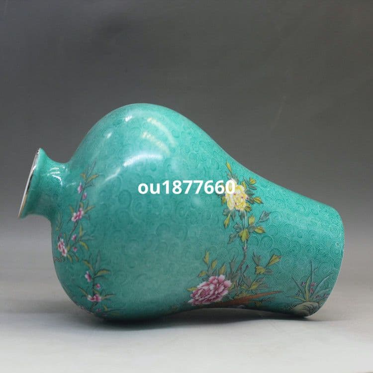 緑地琺瑯彩掻花花鳥梅瓶 景徳鎮 陶磁器 装飾品 現代工芸品 美術品 置物