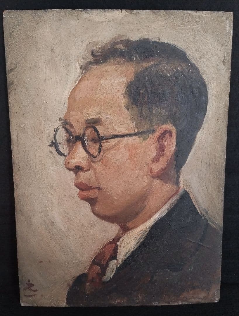 油彩人物画 メガネの男性 板に油 33cm×24cm