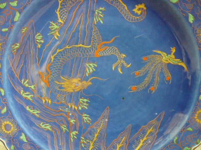 伊万里焼瑠璃釉龍に鳳凰図大皿 [B31626]