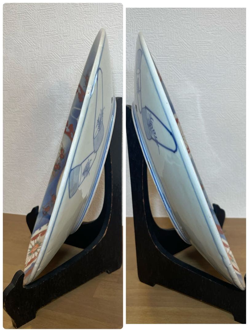 古伊万里　金彩　色絵皿　白抜き技法　兎　花籠　雪輪　大皿