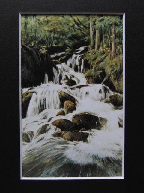 奈良岡正夫、【笛貫の滝】、希少な画集画、新品高級額・額装付