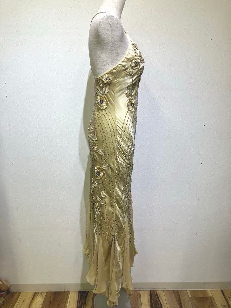 Bicici ビーズ刺繍　ロングドレス　シルク100% サイズS 花柄刺繍