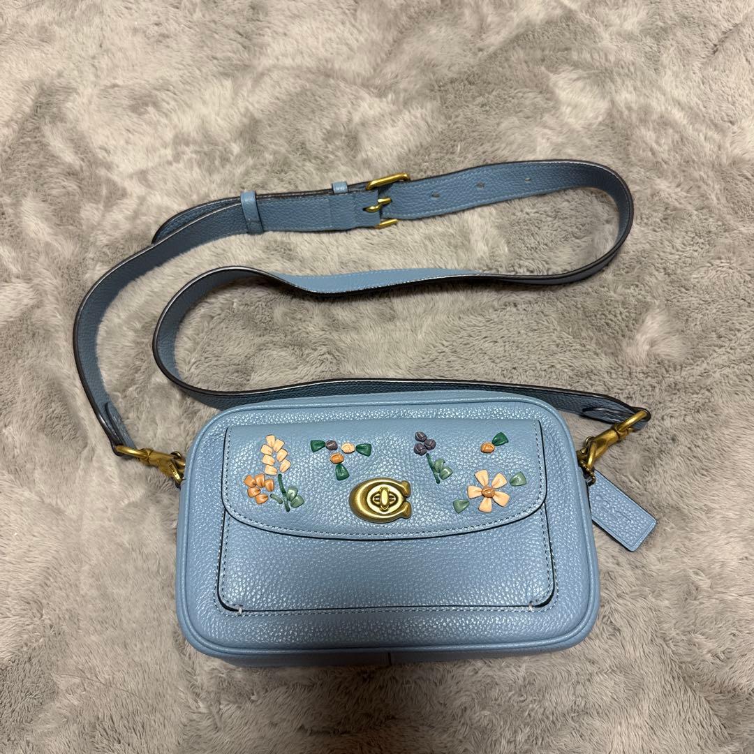 コーチ COACH ライトブルー 花刺繍 レザーショルダーバッグ