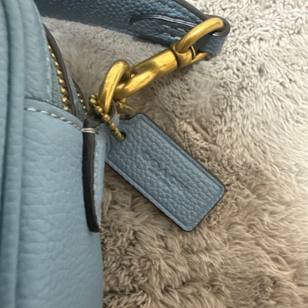 コーチ COACH ライトブルー 花刺繍 レザーショルダーバッグ