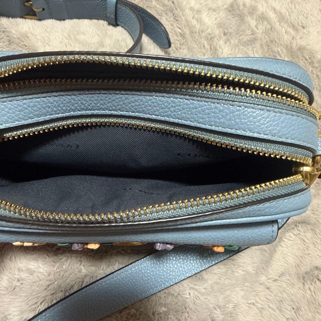 コーチ COACH ライトブルー 花刺繍 レザーショルダーバッグ