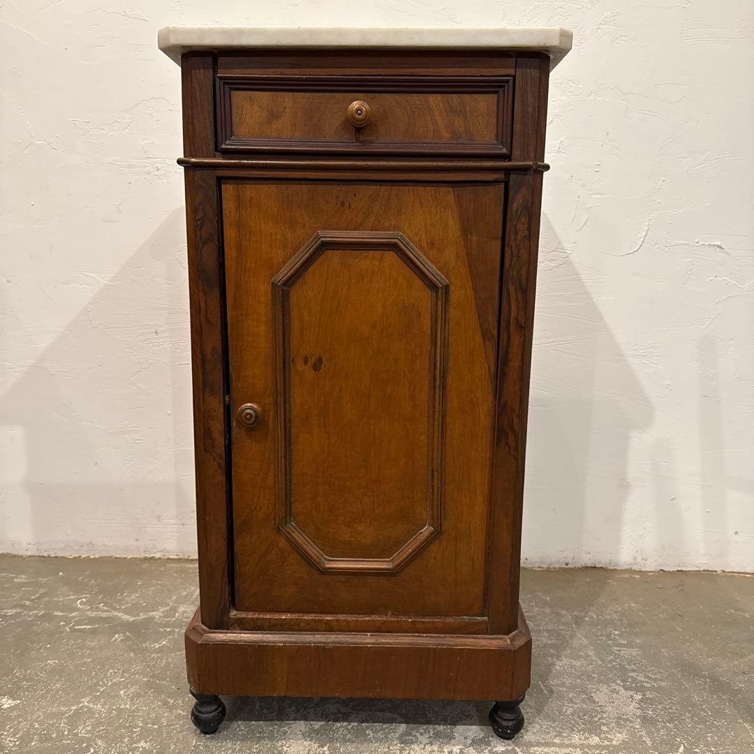 年末年始saleヴィンテージ　サイドテーブル　大理石天板　引き出し／扉収納付き