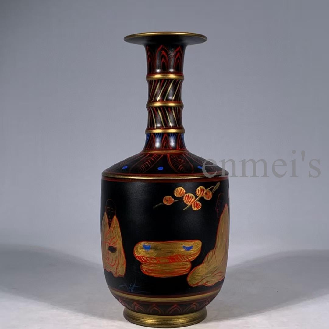 中国古美術・旧蔵宋汝窯・大漆彩繪人物對弈圖竹節瓶・彩絵・花瓶・陶磁器・文房置物