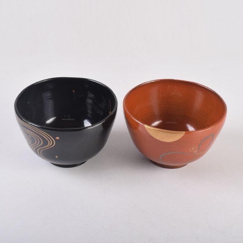 茶道具　春斎銘　陶蒔絵　黒塗　朱塗　波筏瓢箪蒔絵　茶碗　一対　V　8409