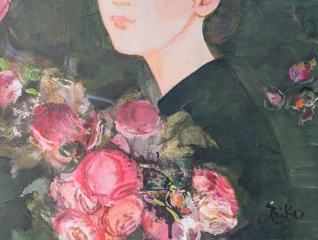 【真作】絵画　中島裕子　油彩6号　モーニングローズ　優雅なる視線　箱入　X74