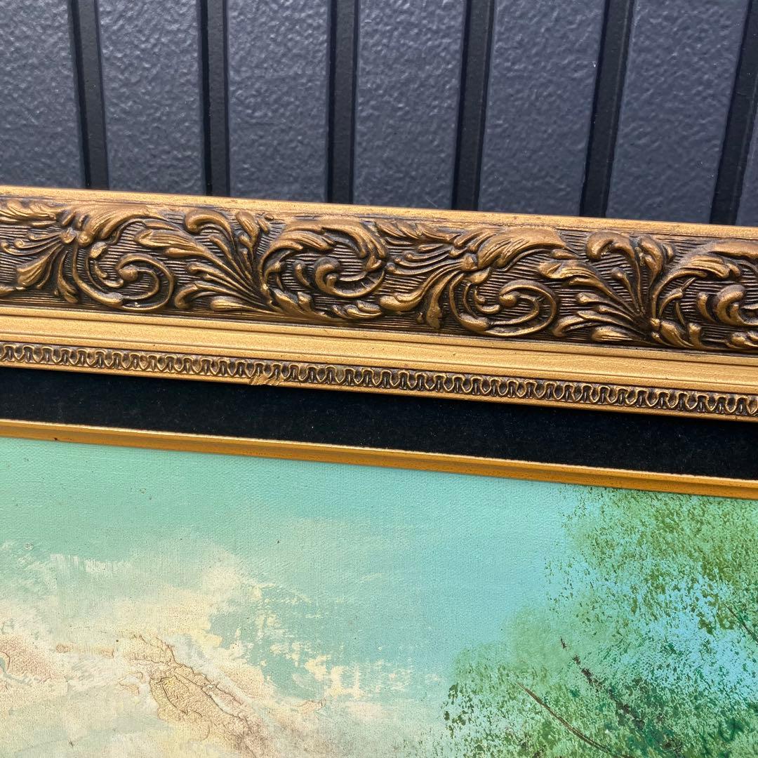 アンティーク More 山の湖畔 肉筆 油彩画 油絵 風景画 金縁額縁 額装絵画