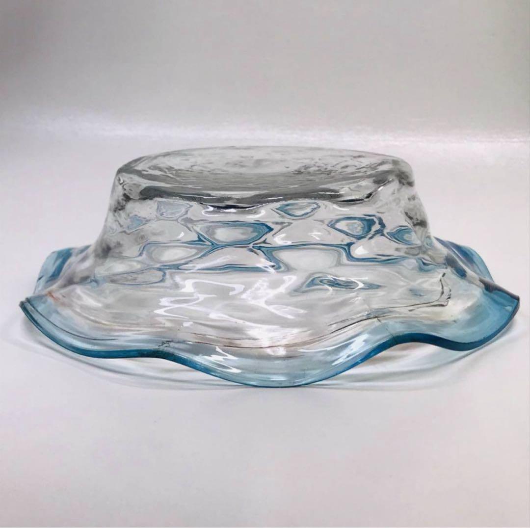 ★明治ガラス/和ガラス！綺麗な青縁鉢/気泡ガラス/氷ガラス★