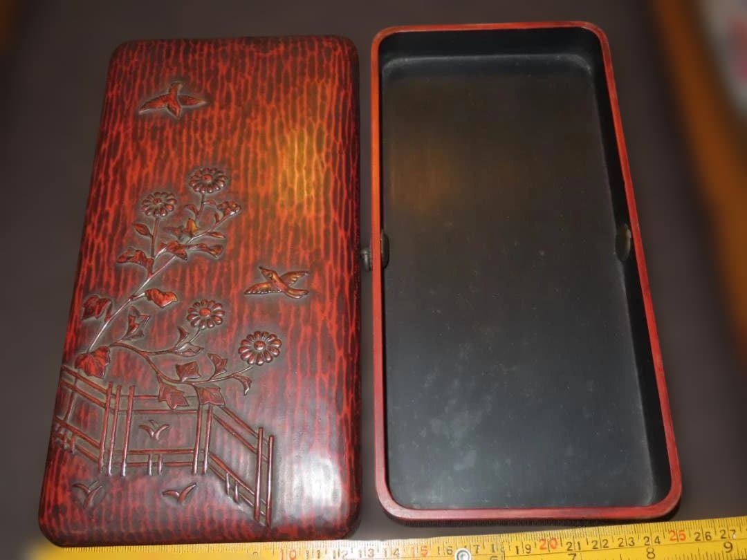 時代漆工芸【寸松堂 佐藤宗岳 造】共箱附・花鳥図　鎌倉彫文箱・蓋物 伝統工芸