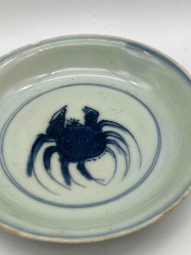 明時代　染付 青花蟹文盤一対　【希少貴重】【旧家蔵出し】　古染付皿(B-48)