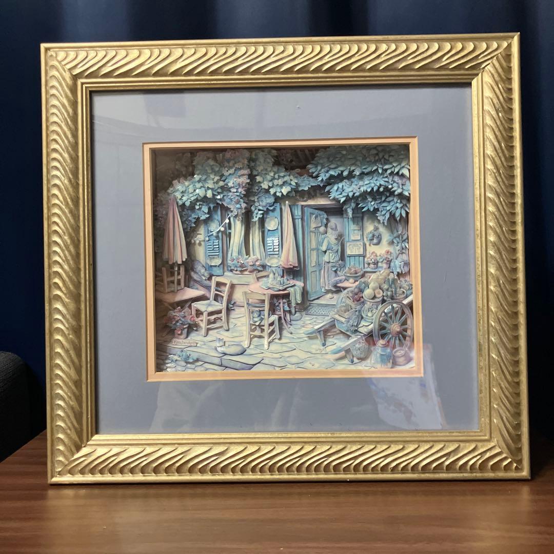 シャドーボックス完成品　kim Jacobs 額付き　立体アート　カフェ風景