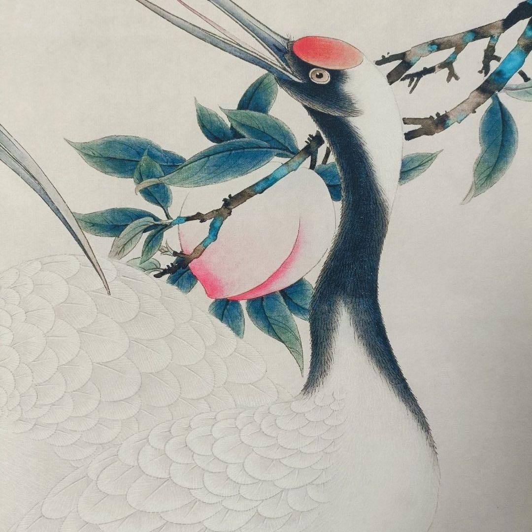 【複製掛軸・証書付】斉白石『賀寿図』中堂画　桃・丹頂鶴　70×173cm　花鳥画