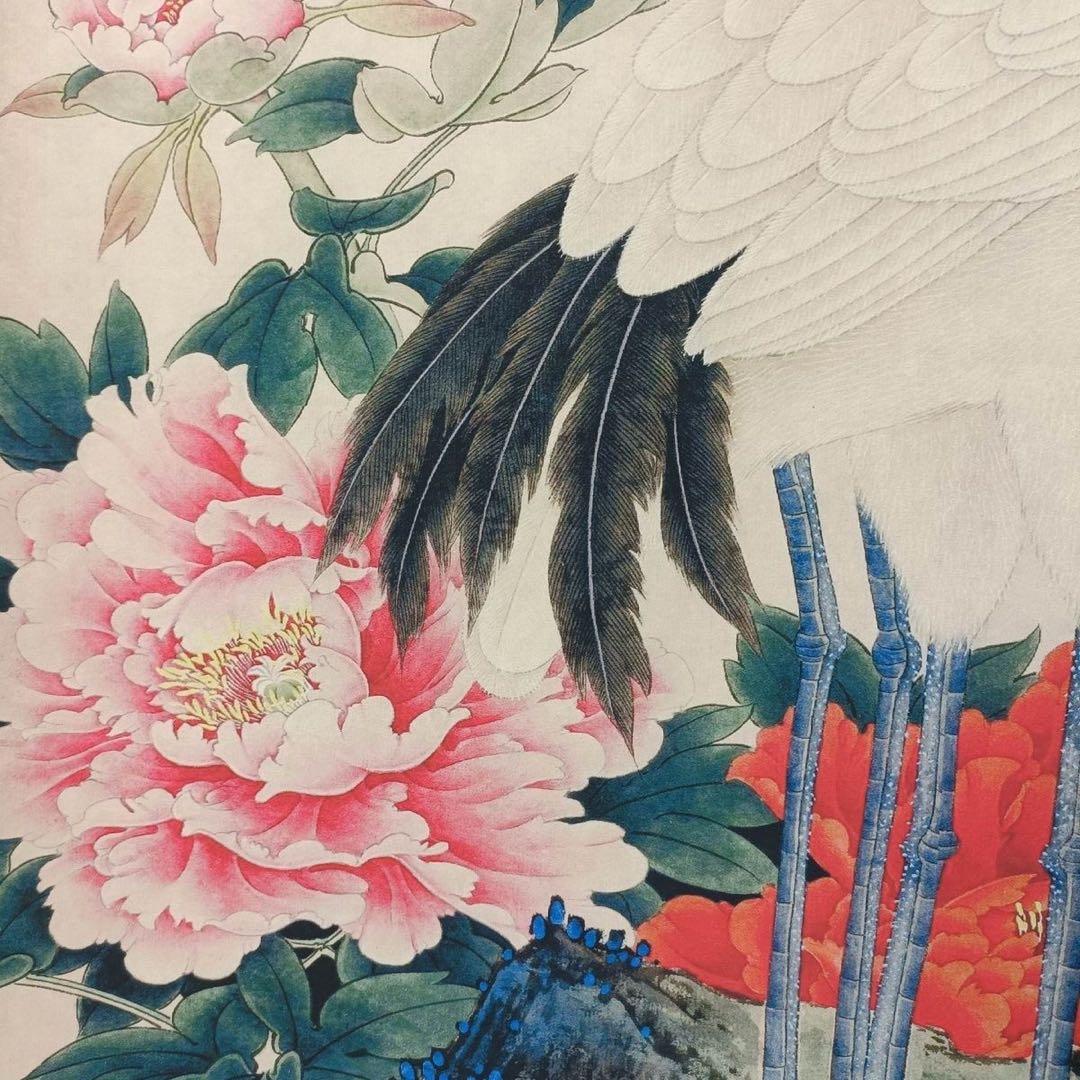 【複製掛軸・証書付】斉白石『賀寿図』中堂画　桃・丹頂鶴　70×173cm　花鳥画