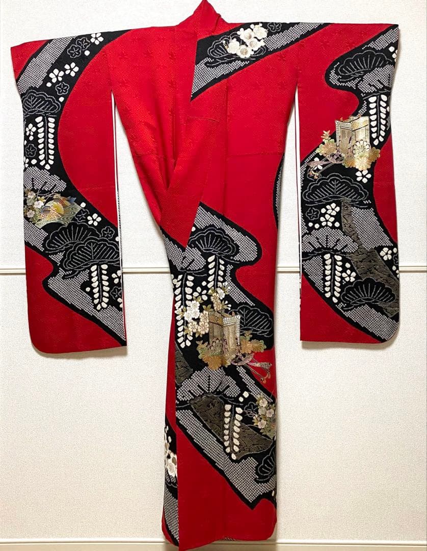 振袖 フルセット 絞り 赤黒 正絹